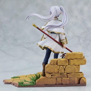 Rear view of the Frieren figure showcasing the dynamic sculpt of her twin tails and travel gear.