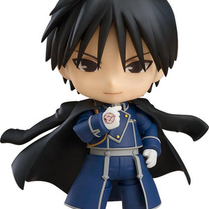 Front view of the Roy Mustang Nendoroid figure from Fullmetal Alchemist: Brotherhood, featuring his Amestris military uniform and black officer's coat.