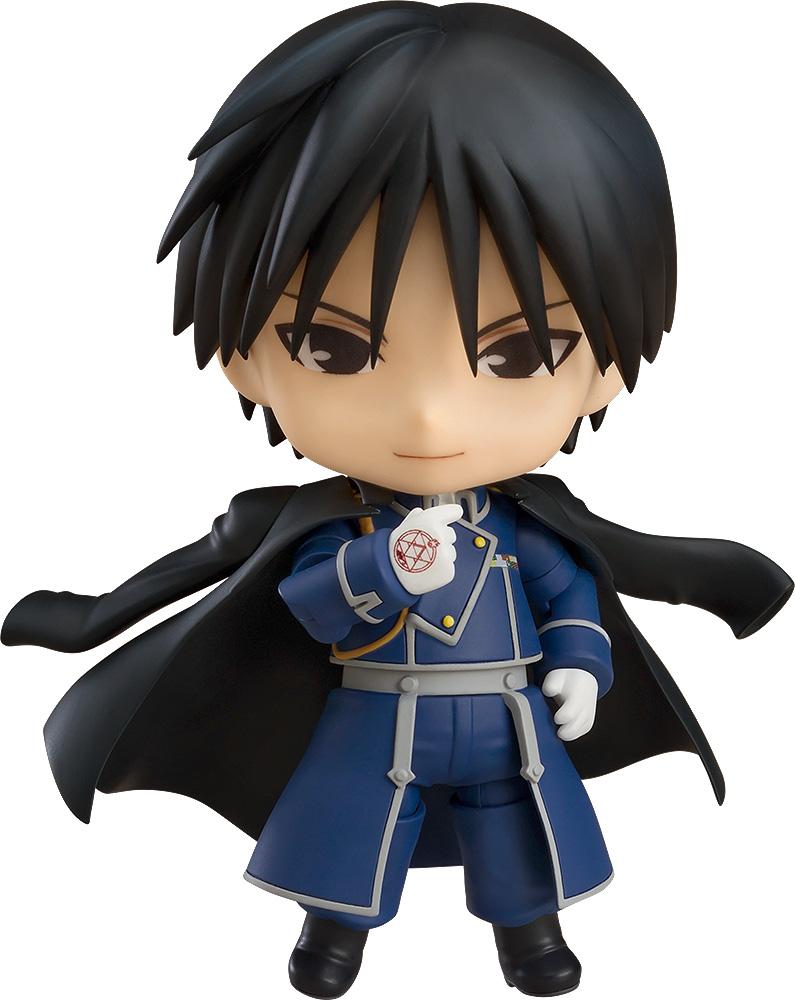 Front view of the Roy Mustang Nendoroid figure from Fullmetal Alchemist: Brotherhood, featuring his Amestris military uniform and black officer's coat.