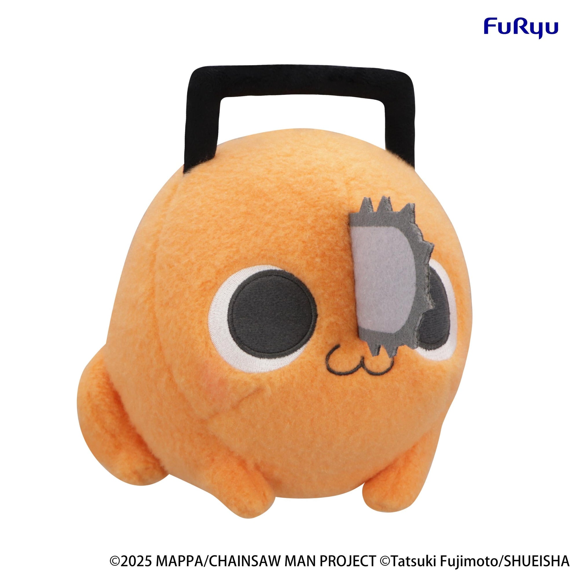 Three-quarter angled view of the FuRyu Chainsaw Man Reze Arc Milky Boa Pochita Ver A round plush toy.