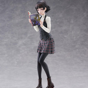 Full standing side-angle view of the FuRyu F:NEX Makoto Niijima 1/7 scale figure in her Shujin Academy uniform against a gray studio background.