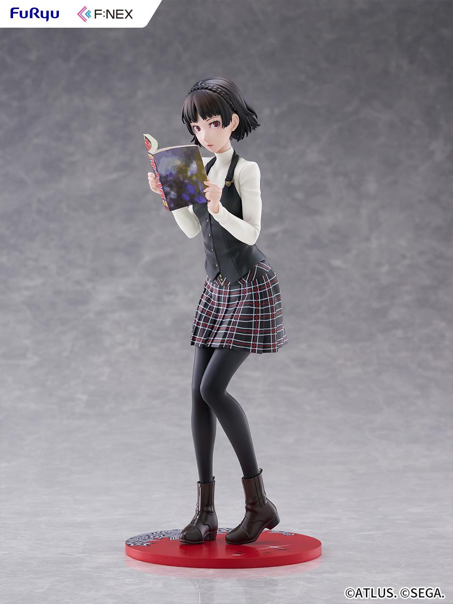 Full standing side-angle view of the FuRyu F:NEX Makoto Niijima 1/7 scale figure in her Shujin Academy uniform against a gray studio background.