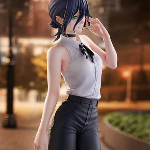 Side profile shot of the Reze Tenitol Tall figure with a blurred city lights backdrop, highlighting the texture of her hair and clothing.