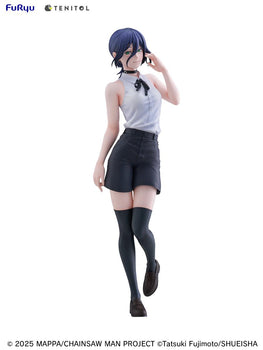 Full body front view of the FuRyu Tenitol Tall Reze figure from Chainsaw Man Reze Arc, featuring her sleeveless white shirt, black shorts, and thigh-high socks on a white background.