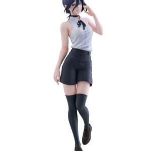 Full body front view of the FuRyu Tenitol Tall Reze figure from Chainsaw Man Reze Arc, featuring her sleeveless white shirt, black shorts, and thigh-high socks on a white background.