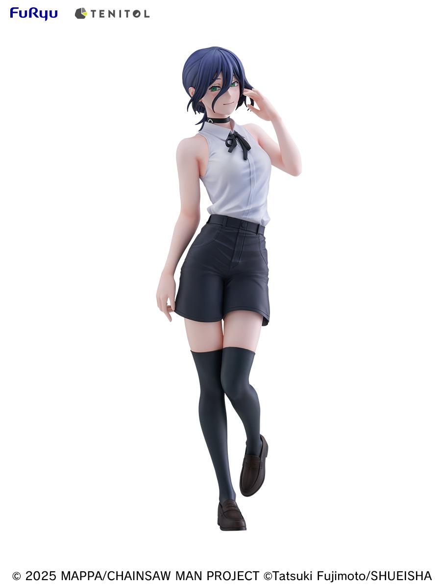 Full body front view of the FuRyu Tenitol Tall Reze figure from Chainsaw Man Reze Arc, featuring her sleeveless white shirt, black shorts, and thigh-high socks on a white background.