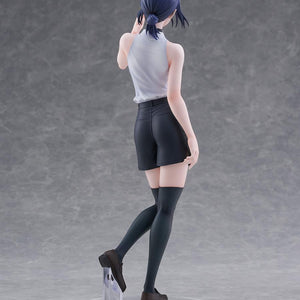 Full rear view of the Chainsaw Man Reze Tenitol Tall figure, showcasing her ponytail hairstyle, shirt tailoring, and the clear support stand under her left foot.
