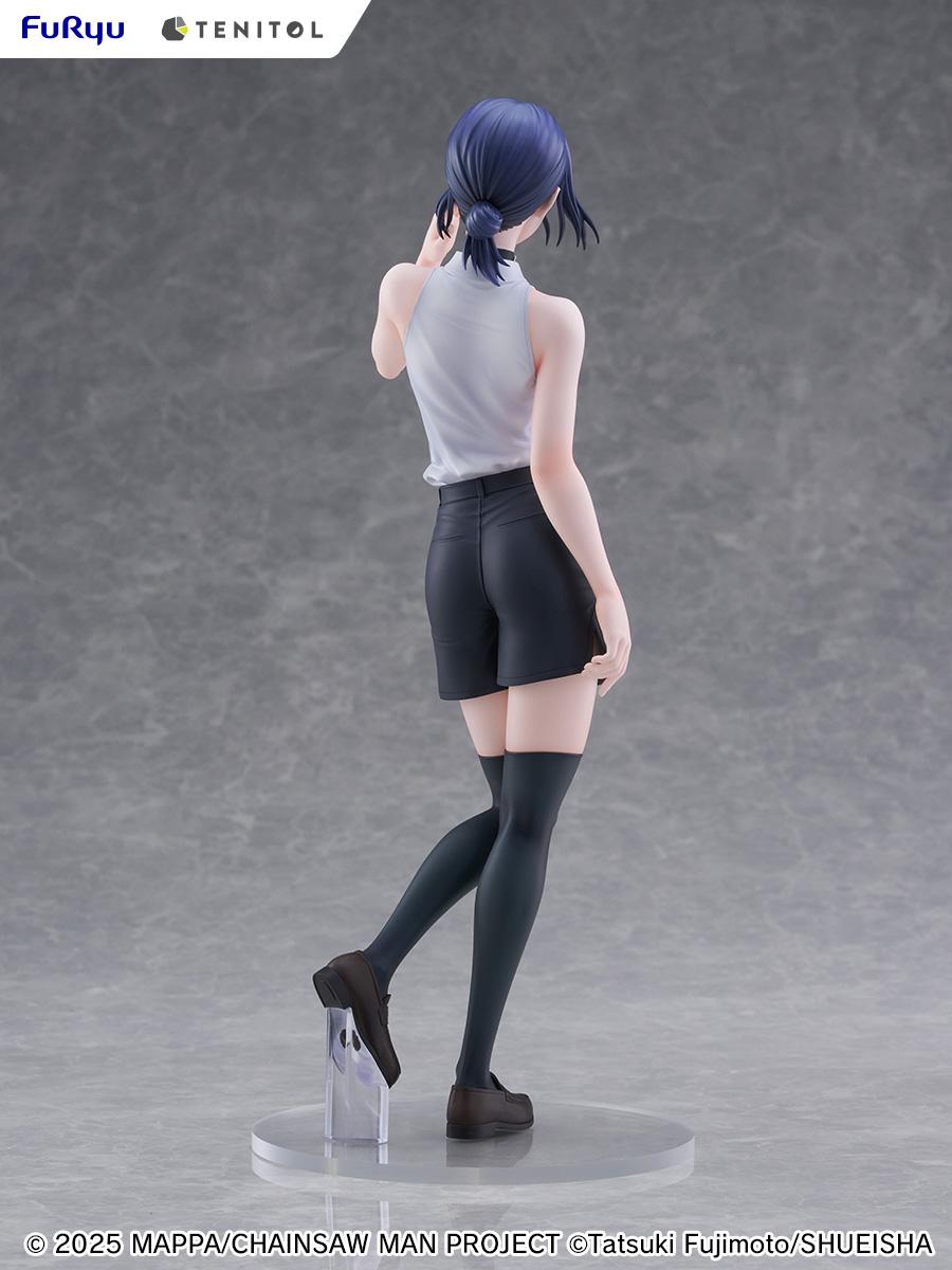 Full rear view of the Chainsaw Man Reze Tenitol Tall figure, showcasing her ponytail hairstyle, shirt tailoring, and the clear support stand under her left foot.