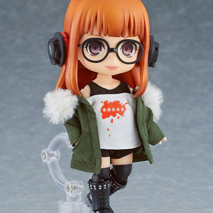 Highly articulated Futaba Sakura Nendoroid Doll posed on a transparent display stand wearing a green parka.