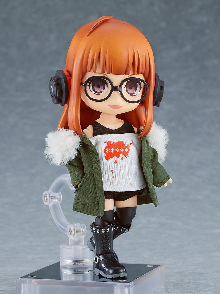 Highly articulated Futaba Sakura Nendoroid Doll posed on a transparent display stand wearing a green parka.