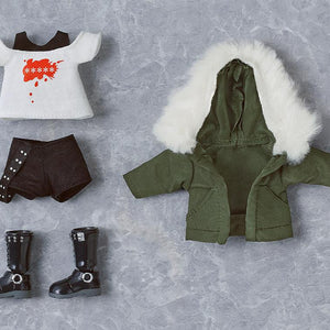 Flat lay of the Persona 5 Royal Futaba Sakura Nendoroid Doll accessories: green jacket, top, pants, and magnetic boots.