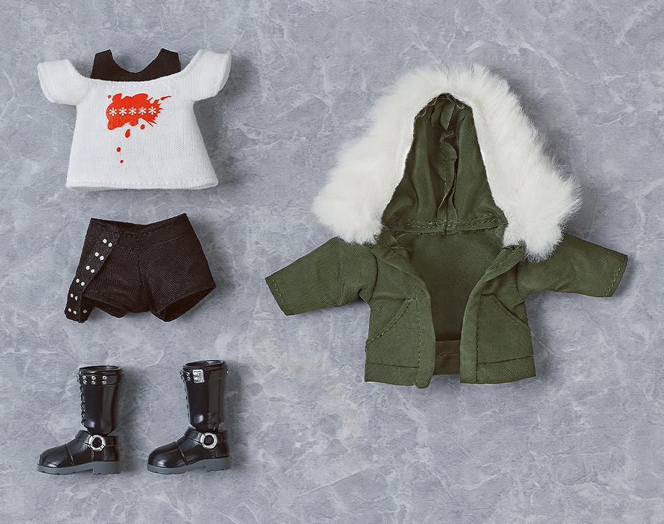 Flat lay of the Persona 5 Royal Futaba Sakura Nendoroid Doll accessories: green jacket, top, pants, and magnetic boots.