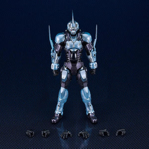 Product layout showing the assembled Gale Hound Guyver 01 figure alongside its six additional interchangeable hand parts.