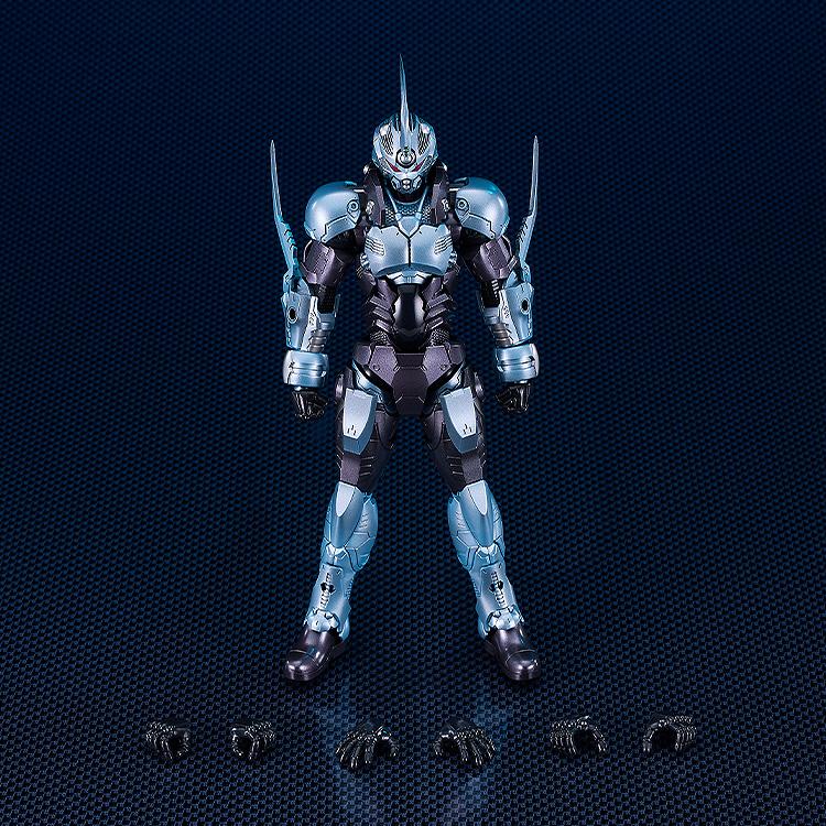 Product layout showing the assembled Gale Hound Guyver 01 figure alongside its six additional interchangeable hand parts.