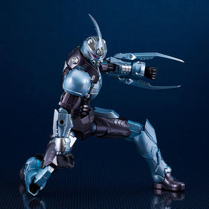 The Gale Hound Guyver 01 plastic model kit in a tactical kneeling pose, showcasing the high level of articulation.