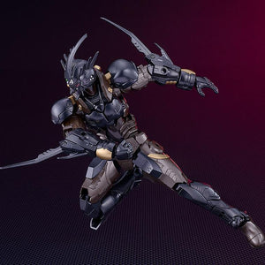 Action pose of the Guyver 03 model kit mid-dash with extended high-frequency blades on its forearms.