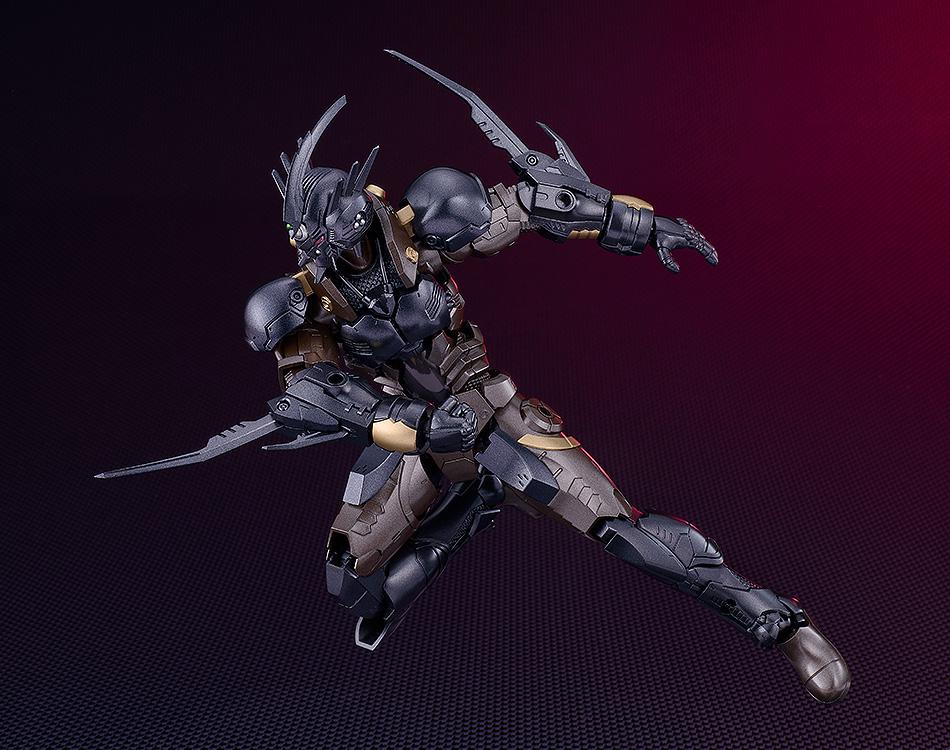 Action pose of the Guyver 03 model kit mid-dash with extended high-frequency blades on its forearms.