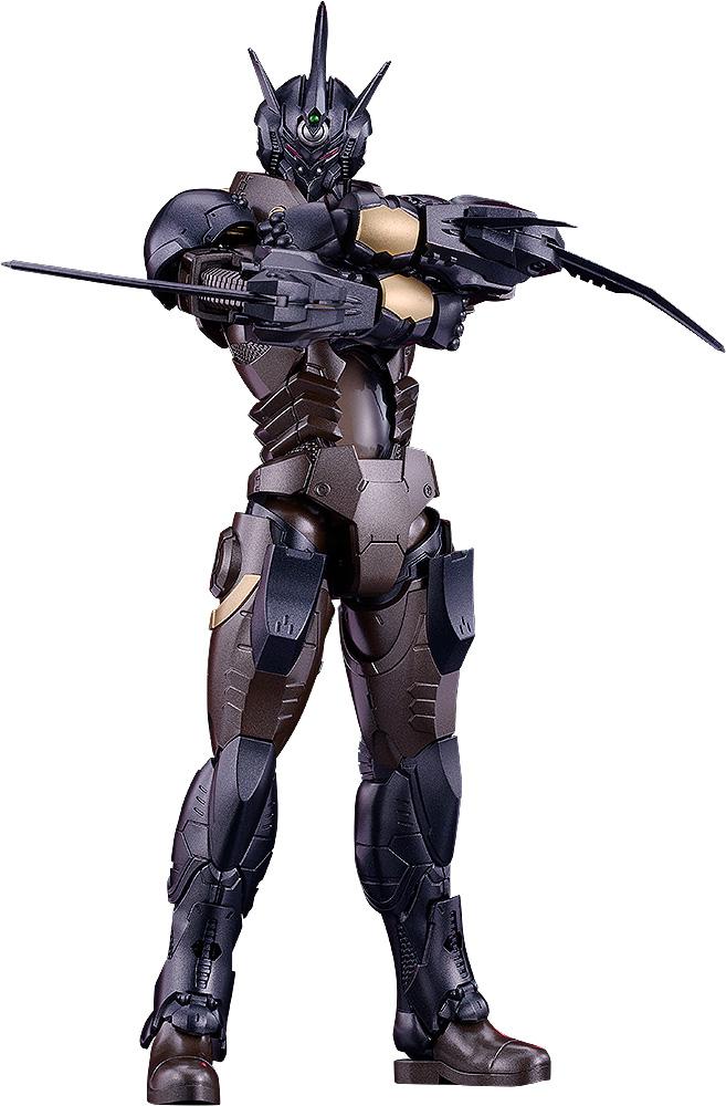 Front view of the assembled Gale Hound Guyver 03 model kit featuring distinctive black and bronze bio-armor.
