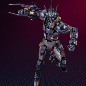 High-action jumping pose of the Gale Hound Guyver 03 with forearm blades extended ready for combat.