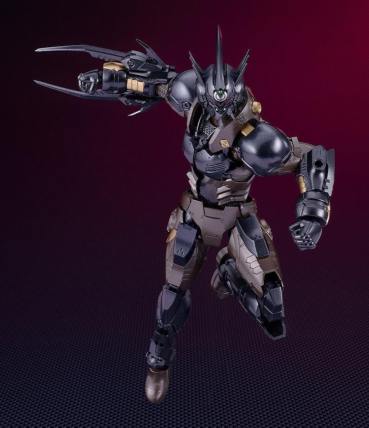 High-action jumping pose of the Gale Hound Guyver 03 with forearm blades extended ready for combat.