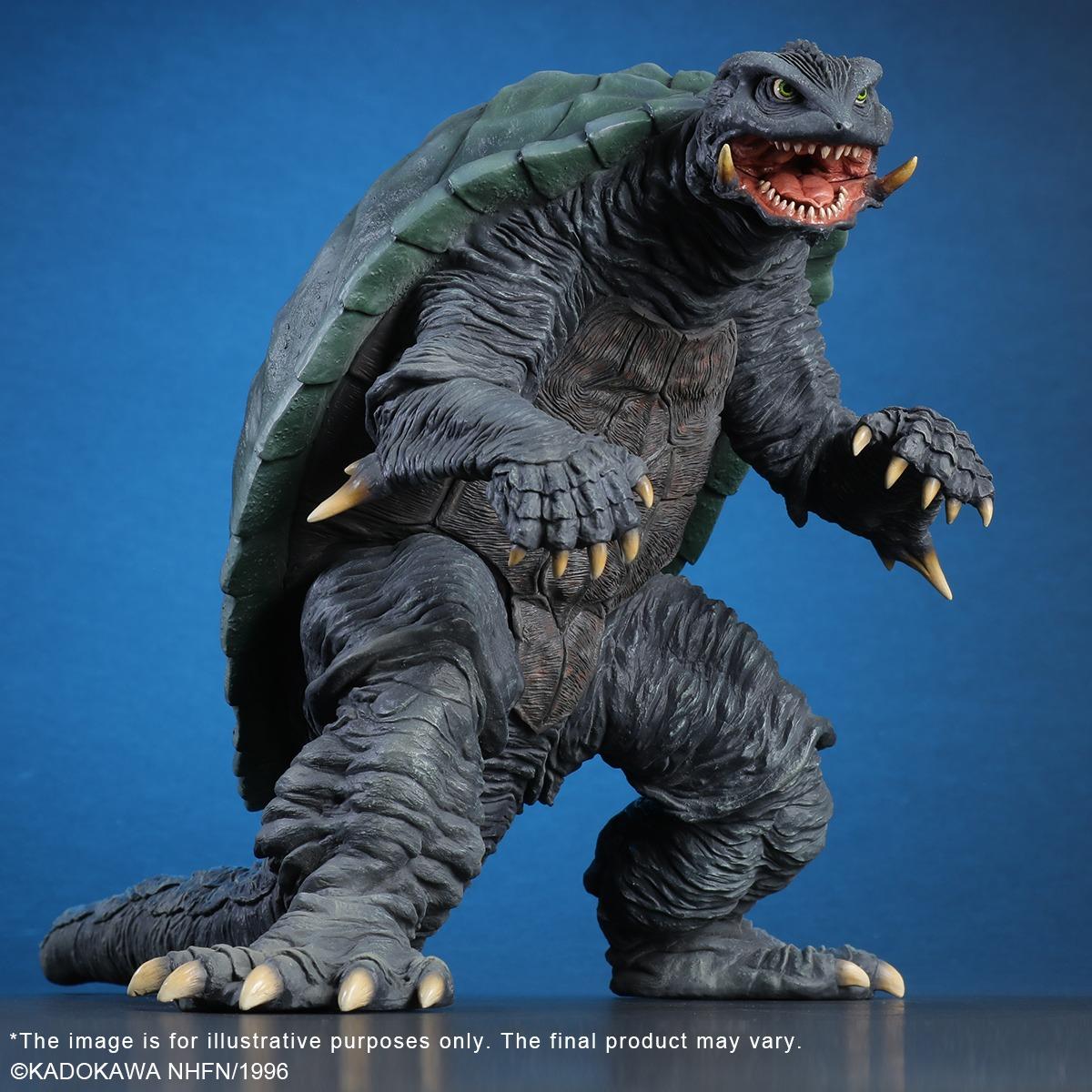 A low-angle perspective of the Gamera (1996) renewal figure, emphasizing its heroic and powerful presence.