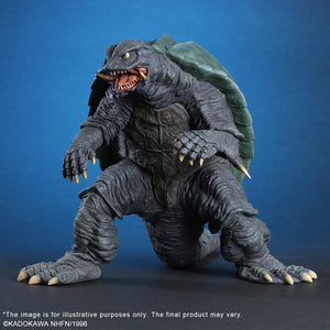 Full body shot of the 1996 Gamera renewal version figure in a crouched, fierce battle stance with an open mouth.