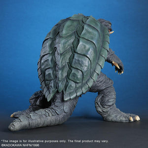 Rear view of the Gamera 30cm series figure, highlighting the intricate sculptural details of the kaiju's armored shell and tail.