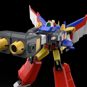 Action display of the MODEROID Ganbaruger model kit firing the massive RevolBuster weapon transformed from the Revolger kit.
