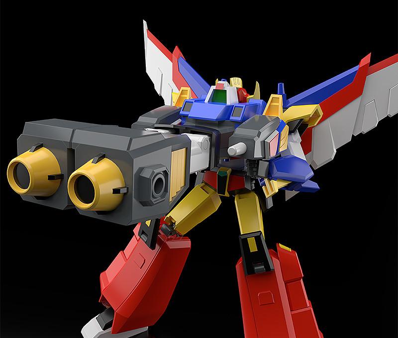 Action display of the MODEROID Ganbaruger model kit firing the massive RevolBuster weapon transformed from the Revolger kit.