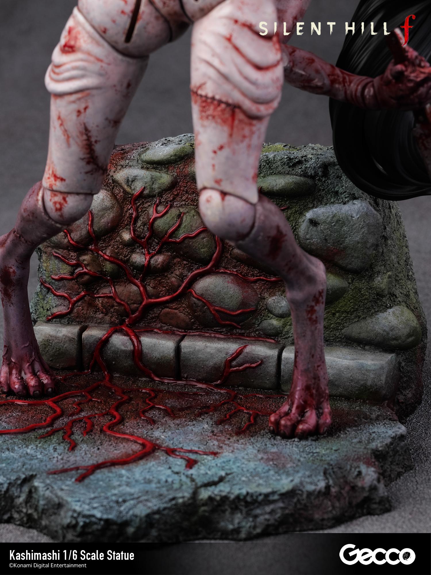Close-up of the statue base's stone textures and the grotesque red growths characteristic of the Silent Hill f aesthetic.