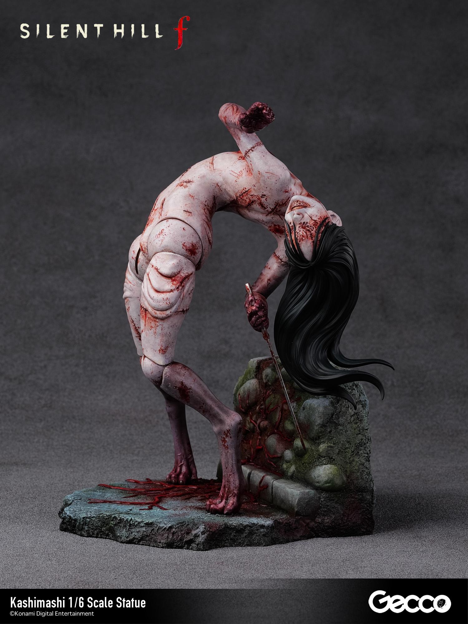Angled profile of the Kashimashi creature statue showing its contorted, sewn-together flesh joints and grotesque physical posture.