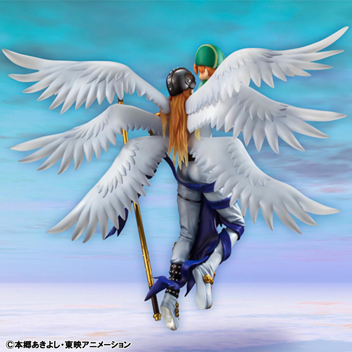 Back view of the Angemon figure showing the detailed sculpt of his six angelic wings and long orange hair.