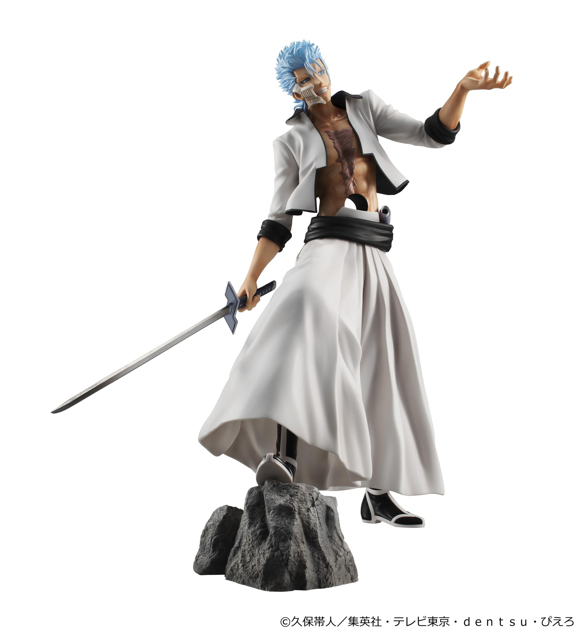 Front view of G.E.M. Series Grimmjow Jaegerjaquez figure showcasing white Arrancar uniform and torso Hollow hole.