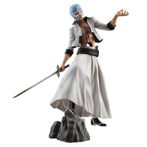 Front view of G.E.M. Series Grimmjow Jaegerjaquez figure showcasing white Arrancar uniform and torso Hollow hole.