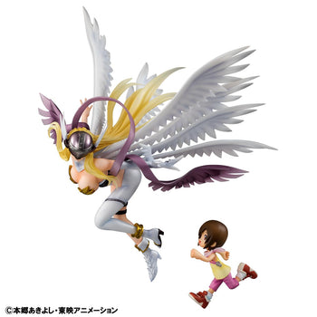 Side view of the G.E.M. Series Angewomon figure with eight wings flying alongside a running Kari (Hikari Yagami) from Digimon Adventure.