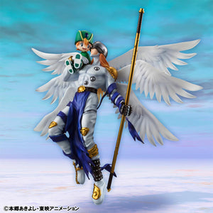 Front view of G.E.M. Series Angemon figure with six white wings holding T.K. Takaishi against a sky background.