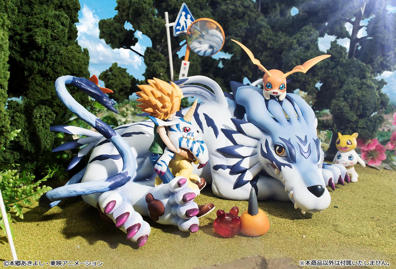 Scenic diorama featuring G.E.M. Series Garurumon and Yamato displayed outdoors surrounded by Gabumon and Patamon.