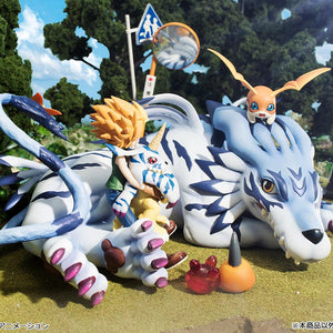 Scenic diorama featuring G.E.M. Series Garurumon and Yamato displayed outdoors surrounded by Gabumon and Patamon.