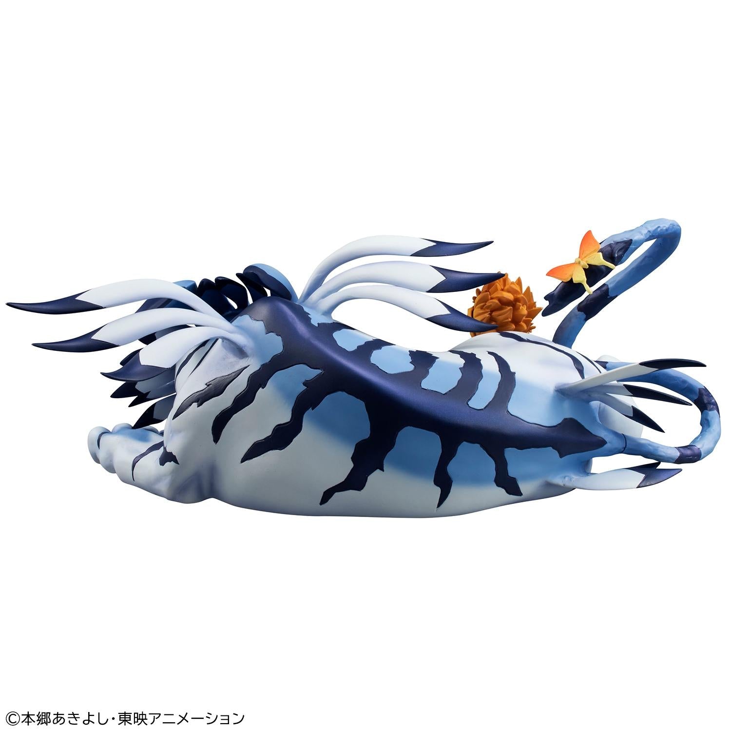 Top-down view of Garurumon's back fur pattern, wing-like shoulder fur, and orange butterfly resting on the tail.