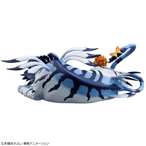 Top-down view of Garurumon's back fur pattern, wing-like shoulder fur, and orange butterfly resting on the tail.