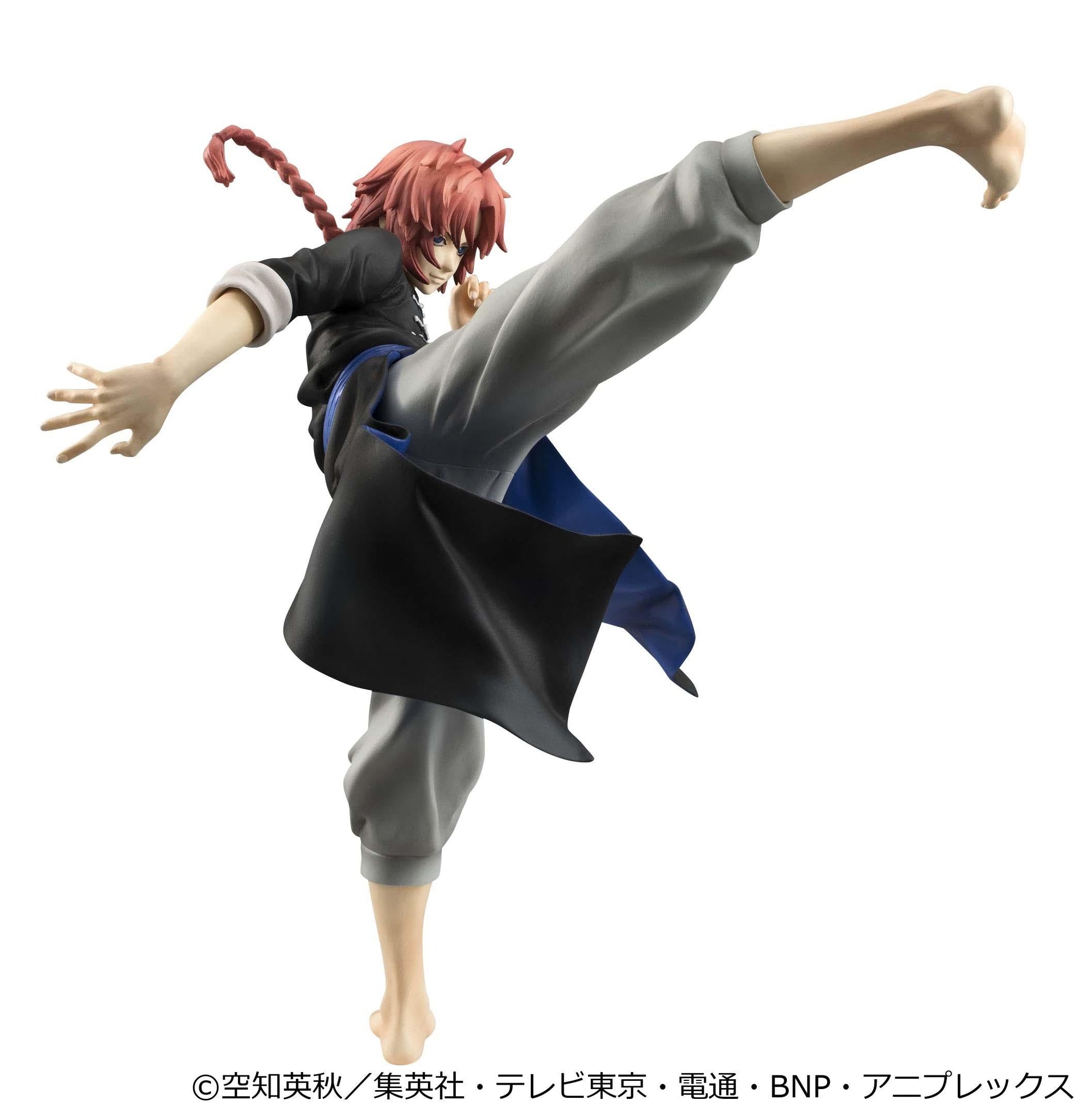 Low-angle dynamic rear shot of Kamui Ver.2 G.E.M. figure showing floating black coat with blue lining.