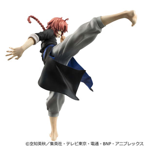 Low-angle dynamic rear shot of Kamui Ver.2 G.E.M. figure showing floating black coat with blue lining.