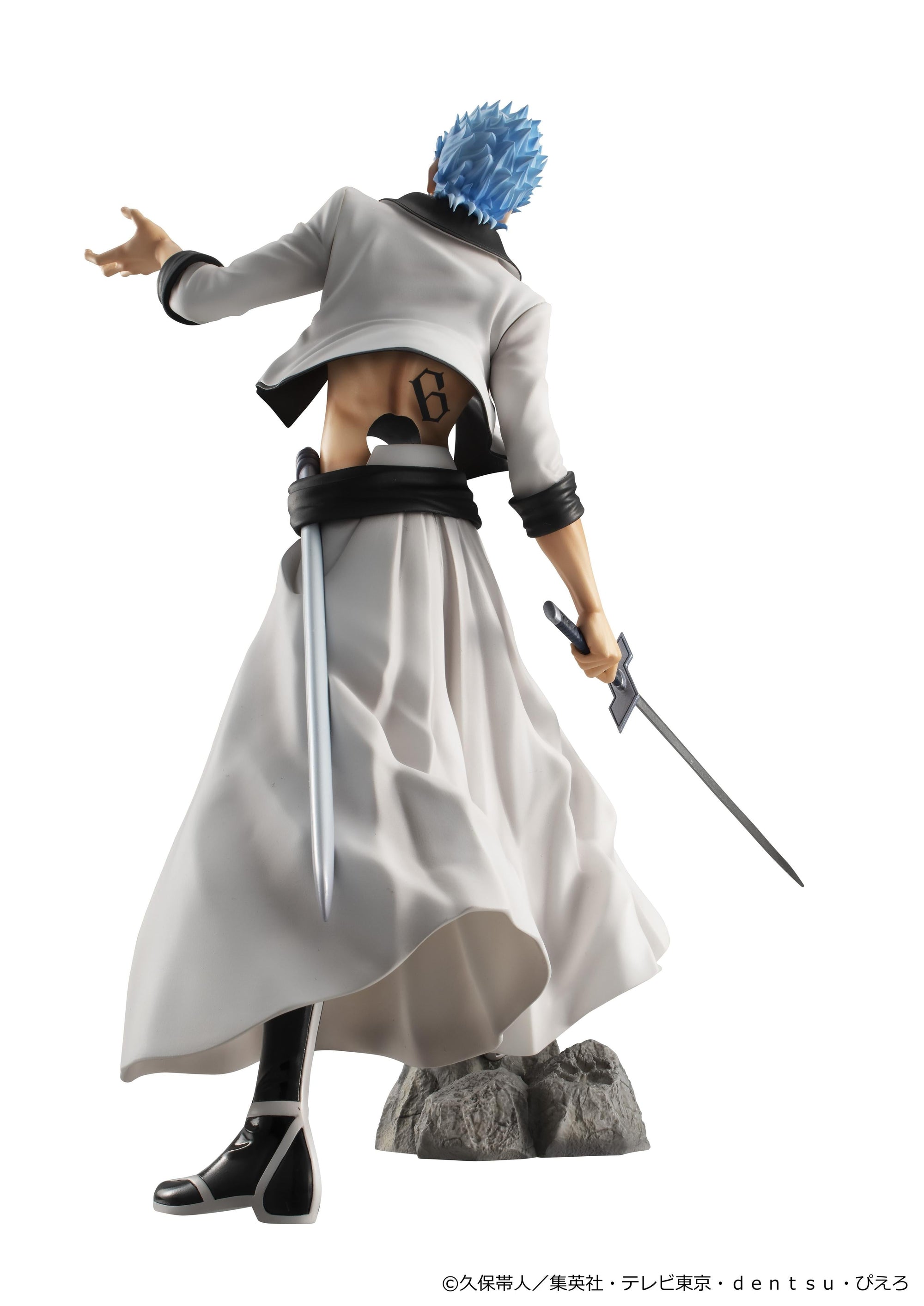 Rear view of G.E.M. Grimmjow Jaegerjaquez figure revealing the Sexta Espada number 6 back tattoo, scabbard, and spiky blue hair.