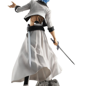 Rear view of G.E.M. Grimmjow Jaegerjaquez figure revealing the Sexta Espada number 6 back tattoo, scabbard, and spiky blue hair.