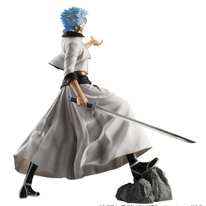 Side profile of Grimmjow Jaegerjaquez G.E.M. figure highlighting flowing hakama pants and drawn Zanpakuto blade.