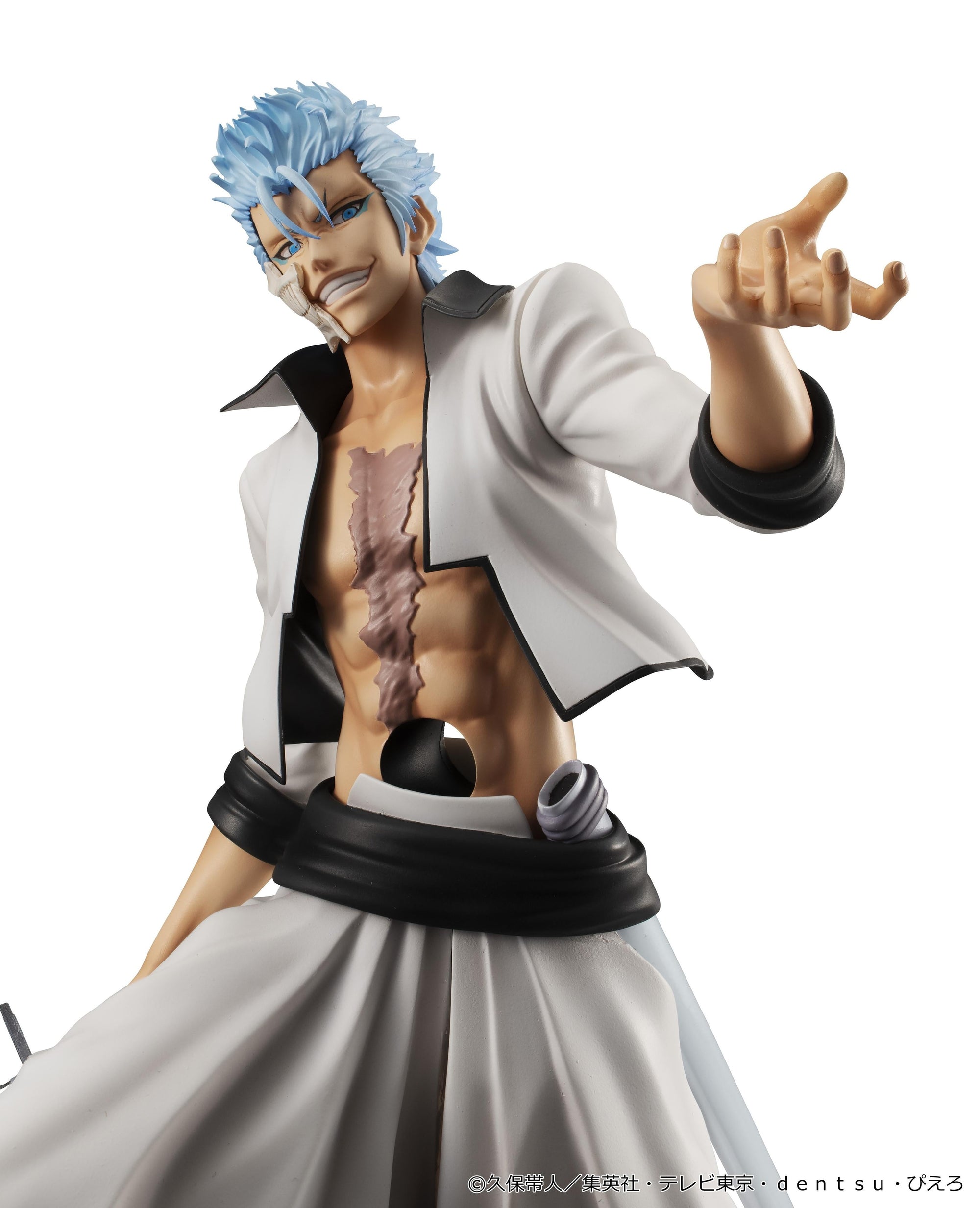 Upper body close-up of Grimmjow Jaegerjaquez figure showing open jacket, chest scarring, Hollow hole, and beckoning hand pose.