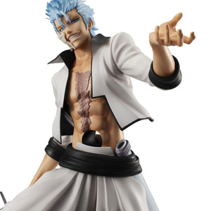 Upper body close-up of Grimmjow Jaegerjaquez figure showing open jacket, chest scarring, Hollow hole, and beckoning hand pose.