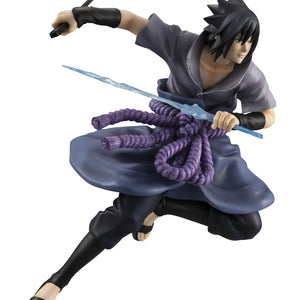 Megahouse G.E.M. Series Naruto Shippuden Sasuke Uchiha Great Ninja War Ver. reissue figure in dynamic mid-air jumping pose with lightning blade.