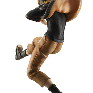 Back view of Naruto Uzumaki Great Ninja War figure showing the Uzumaki spiral crest, open jacket, and mesh chainmail texture.