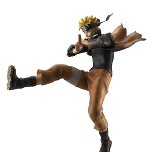 Low-angle dynamic action shot of G.E.M. Series Naruto Uzumaki Great Ninja War figure mid-fall.